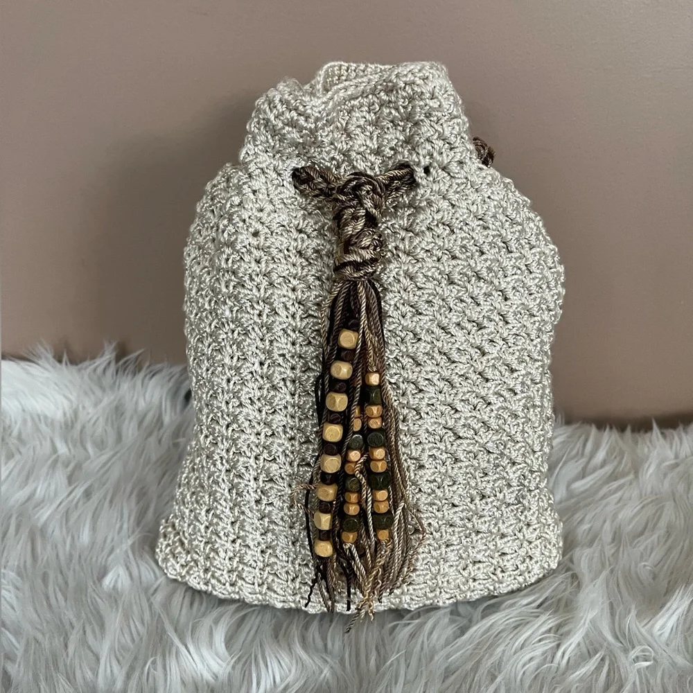 {The SAK} Crochet Drawstring Backpack Purse in Ivory